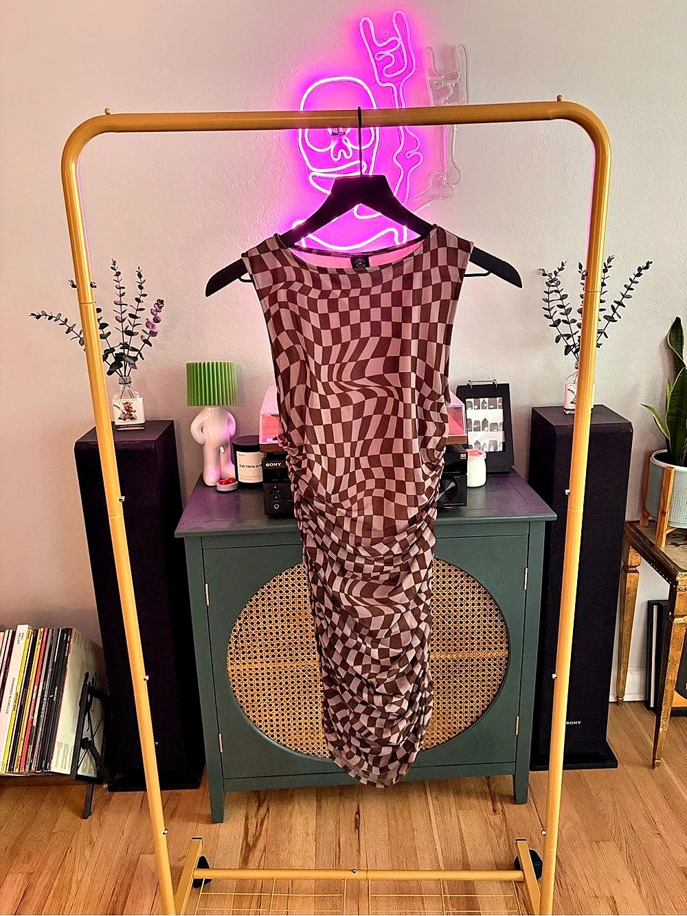 Urban Outfitters UO Hallie Check Mesh Mini Dress Brown & grayMedium Like New